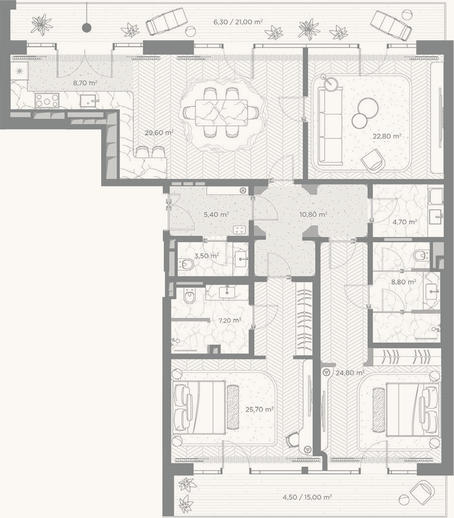 Планировка: 3-к, 152 м²