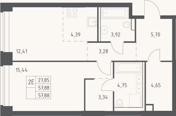 Планировка: 2-к, 57,9 м²