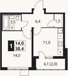 Планировка: 1-к, 36,4 м²