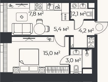 Планировка: 2-к, 37,5 м²
