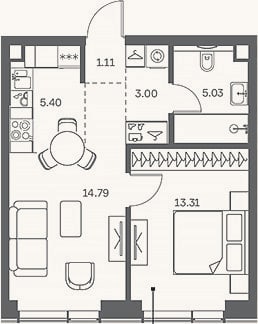 Планировка: 2-к, 42,6 м²