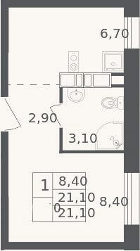 Планировка: 1-к, 21,1 м²