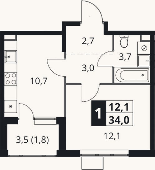 Планировка: 1-к, 32,2 м²