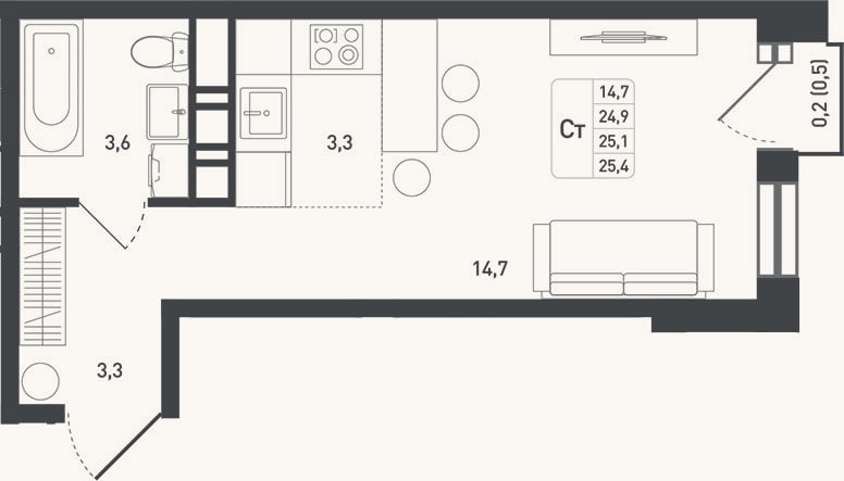 Планировка: Студия, 26,1 м²