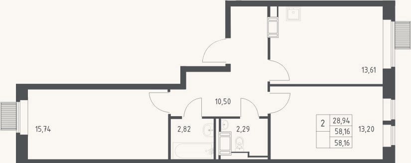 Планировка: 2-к, 58,2 м²