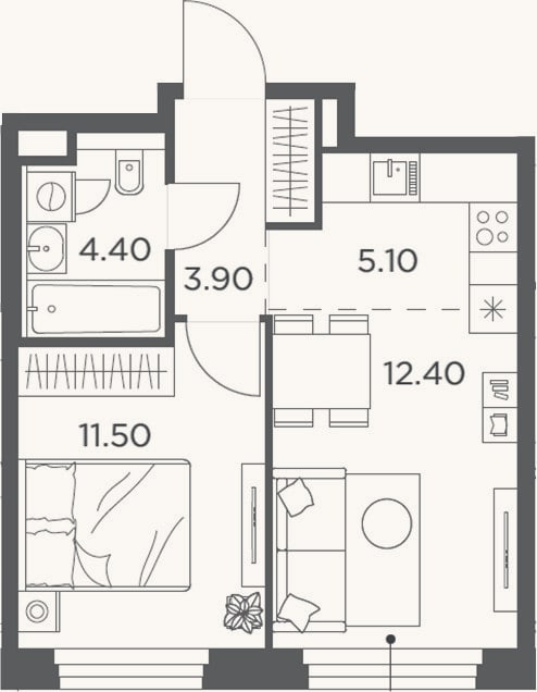 Планировка: 2-к, 37,3 м²