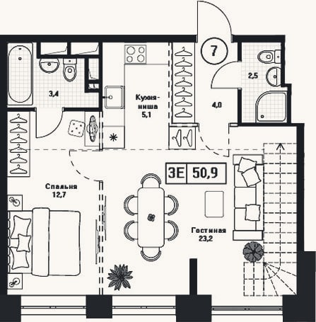 Планировка: 2-к, 50,9 м²