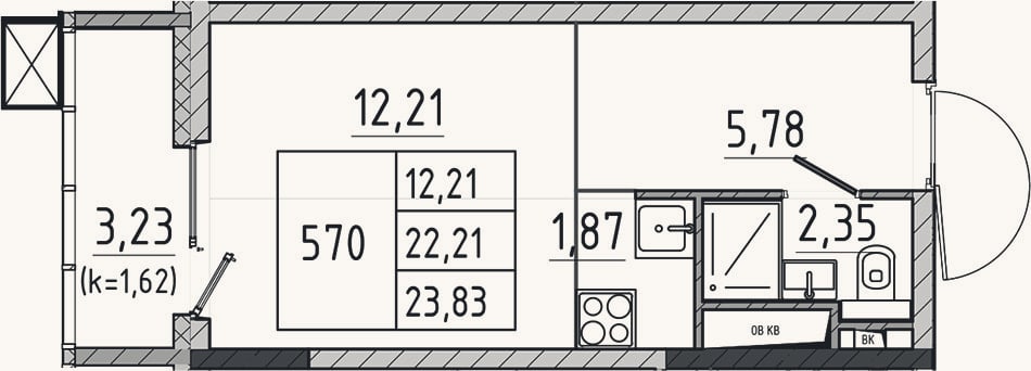 Планировка: Студия, 22,2 м²