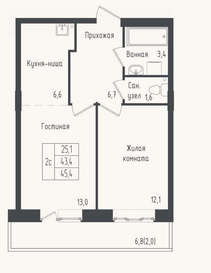 Планировка: 1-к, 43,4 м²