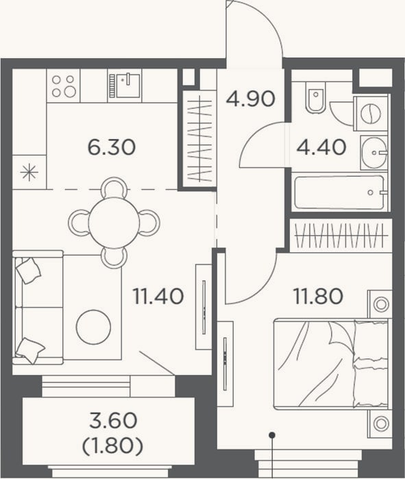Планировка: 2-к, 38,8 м²