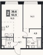 Планировка: 2-к, 53,5 м²