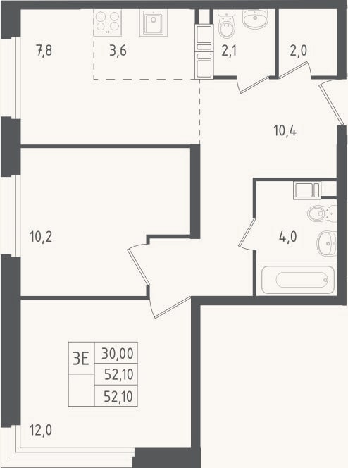 Планировка: 3-к, 52,1 м²