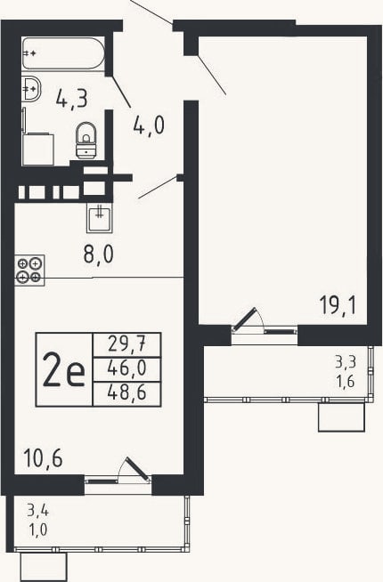 Планировка: 2-к, 46 м²