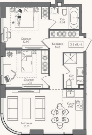 Планировка: 3-к, 65,5 м²