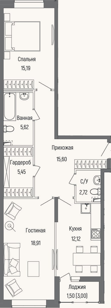 Планировка: 2-к, 75,6 м²
