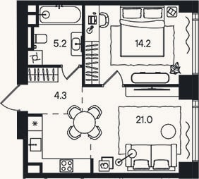 Планировка: 2-к, 44,7 м²