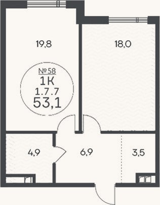 Планировка: 1-к, 53,1 м²