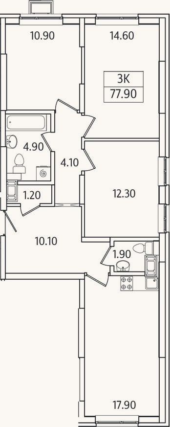 Планировка: 3-к, 77,9 м²