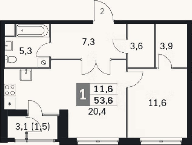 Планировка: 2-к, 50,1 м²