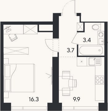 Планировка: 1-к, 33,3 м²