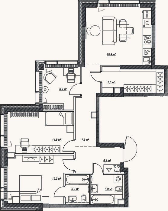 Планировка: 4+ к, 91,2 м²