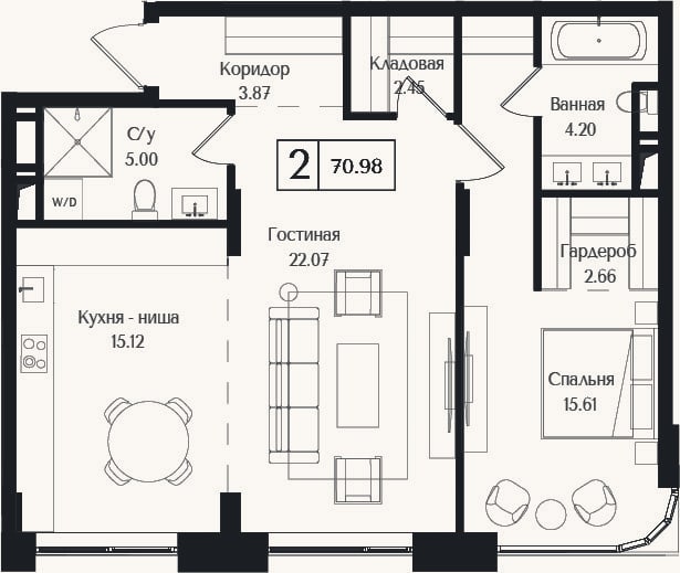 Планировка: 2-к, 71 м²