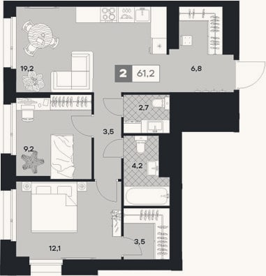 Планировка: 2-к, 61,2 м²