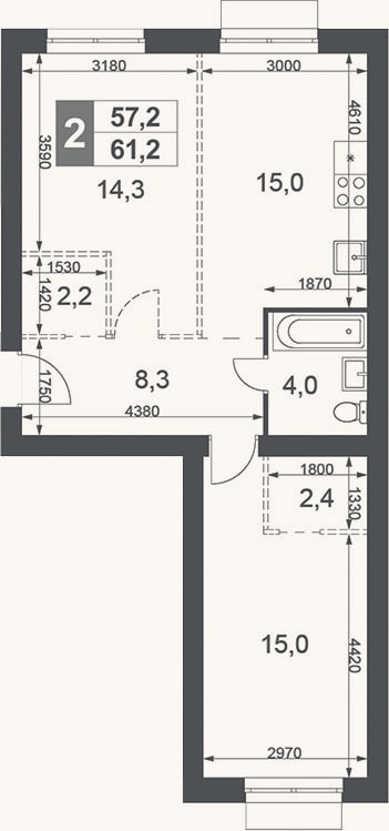Планировка: 2-к, 61,2 м²