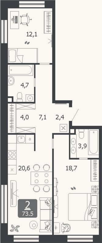 Планировка: 3-к, 73,5 м²