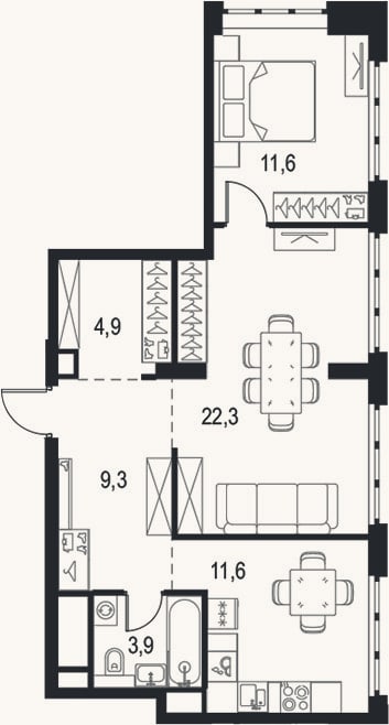 Планировка: 2-к, 63,6 м²