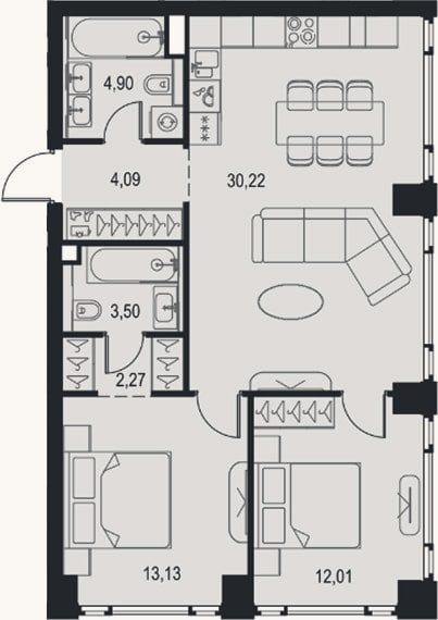 Планировка: 3-к, 70,1 м²