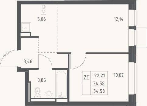 Планировка: 2-к, 34,6 м²