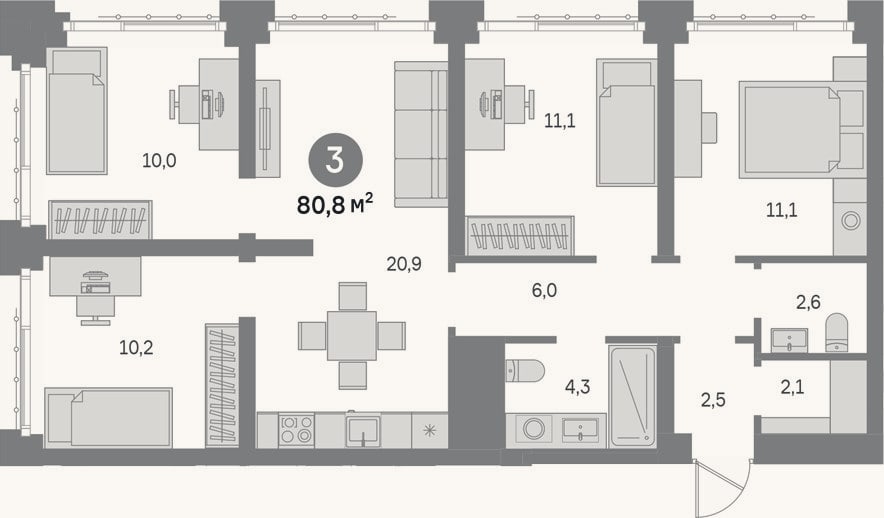 Планировка: 4+ к, 80,8 м²