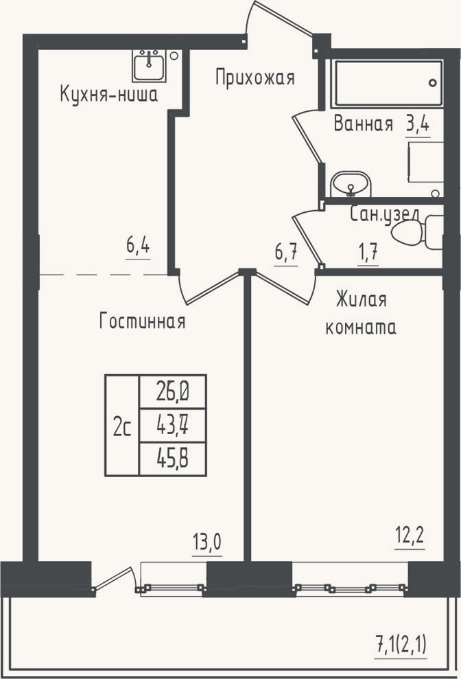 Планировка: 1-к, 43,4 м²