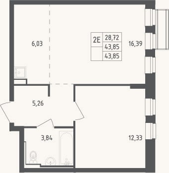 Планировка: 2-к, 43,9 м²