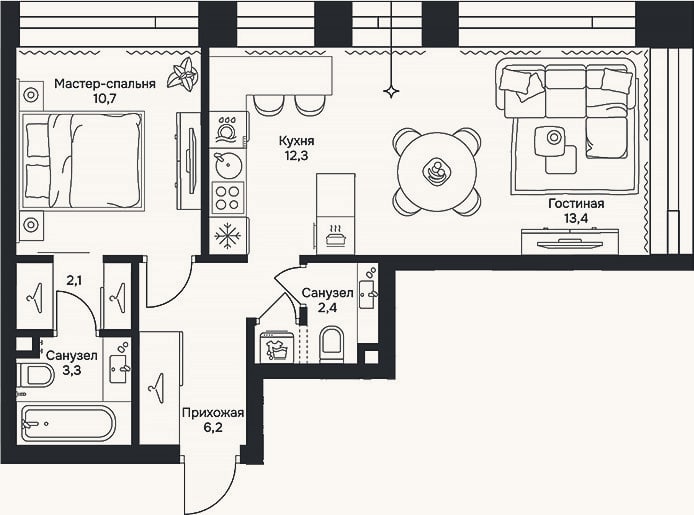 Планировка: 2-к, 50,4 м²
