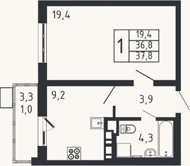 Планировка: 1-к, 36,8 м²