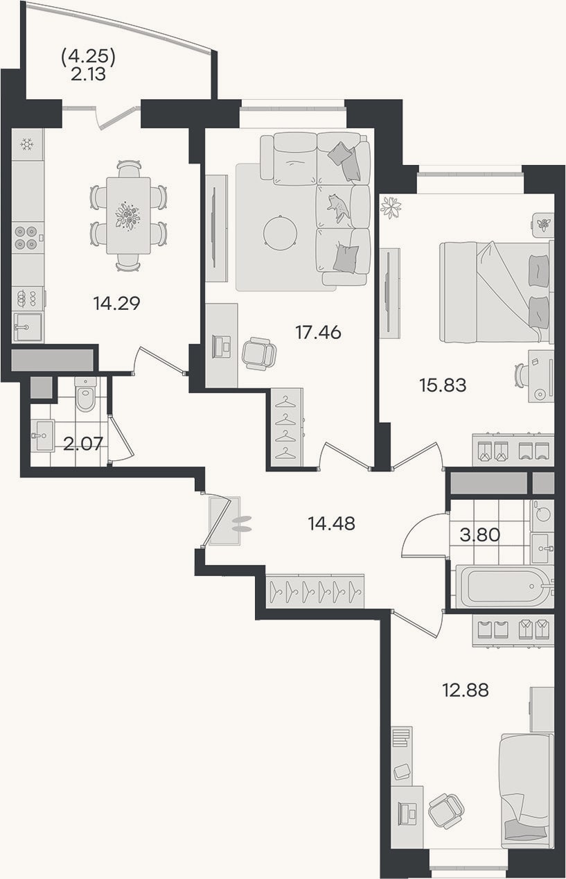 Планировка: 3-к, 80,8 м²