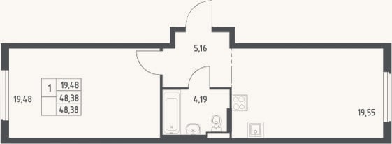 Планировка: 2-к, 48,4 м²