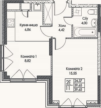 Планировка: 2-к, 39,7 м²