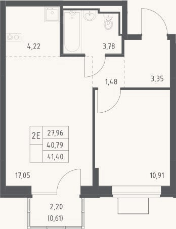 Планировка: 2-к, 40,8 м²