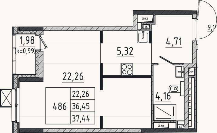 Планировка: Студия, 36,5 м²