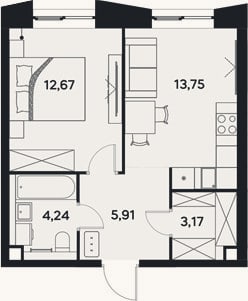 Планировка: 1-к, 39,7 м²