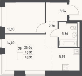 Планировка: 2-к, 40,9 м²