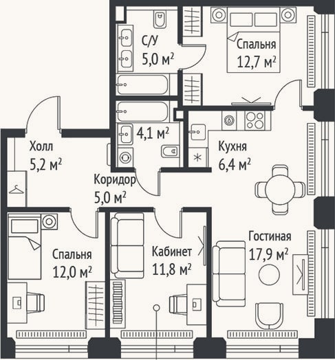 Планировка: 4+ к, 80 м²