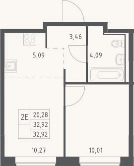 Планировка: 2-к, 32,9 м²