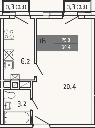 Планировка: 1-к, 29,8 м²