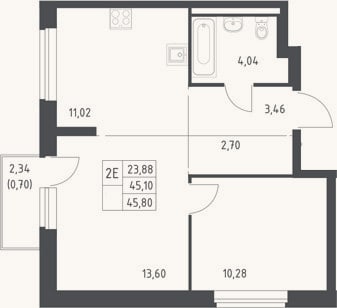 Планировка: 2-к, 45,1 м²