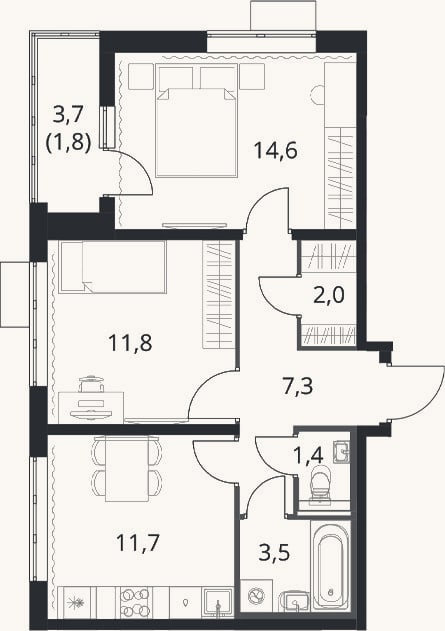 Планировка: 2-к, 52,3 м²