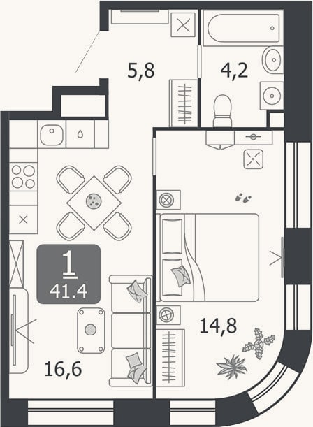 Планировка: 2-к, 41,4 м²